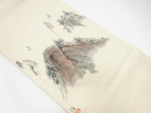 作家物　手織り紬　手描き　山並に樹木模様　名古屋帯